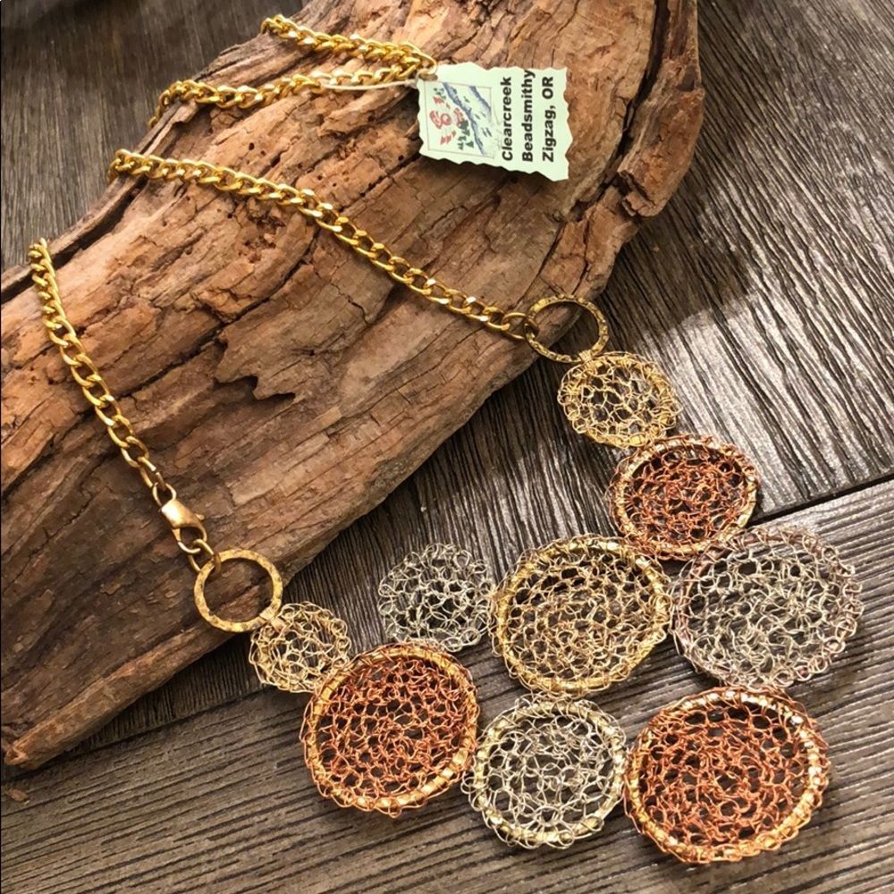 OOAK Tricolored Metal Spiral Wire Crochet Necklace